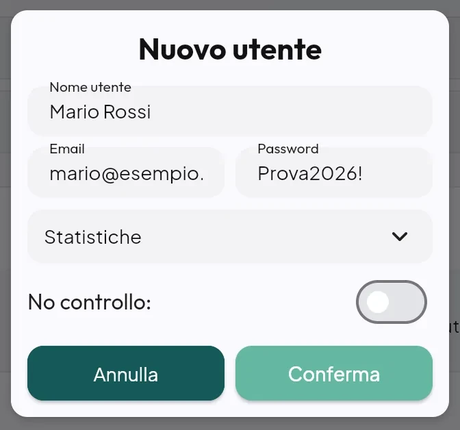 Finestra Nuovo utente