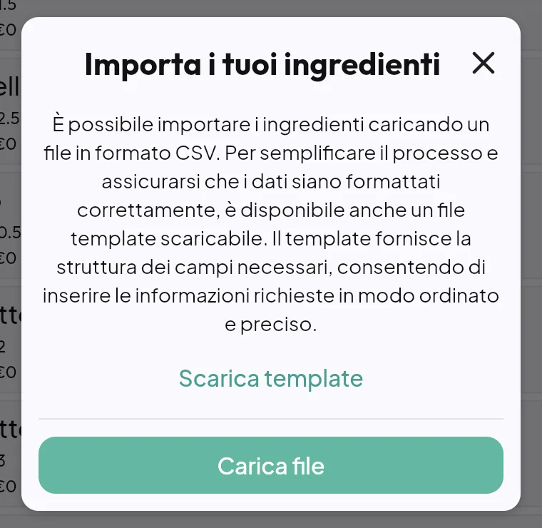 Finestra Importa i tuoi ingredienti