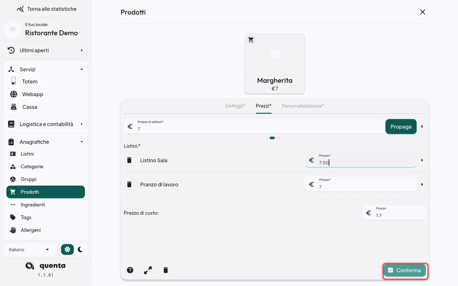 Prezzo cambiato nel gestionale