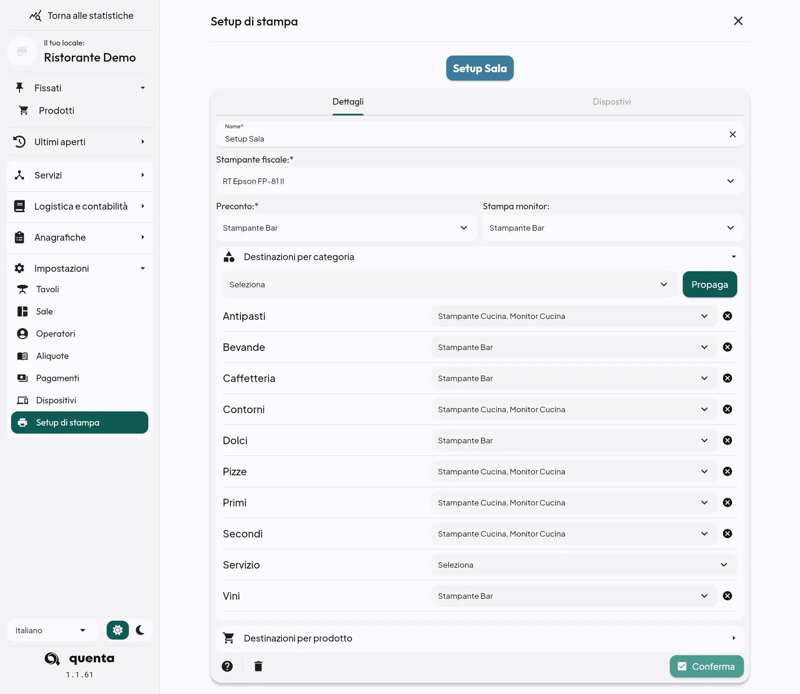 Setup di stampa con destinazioni per categoria