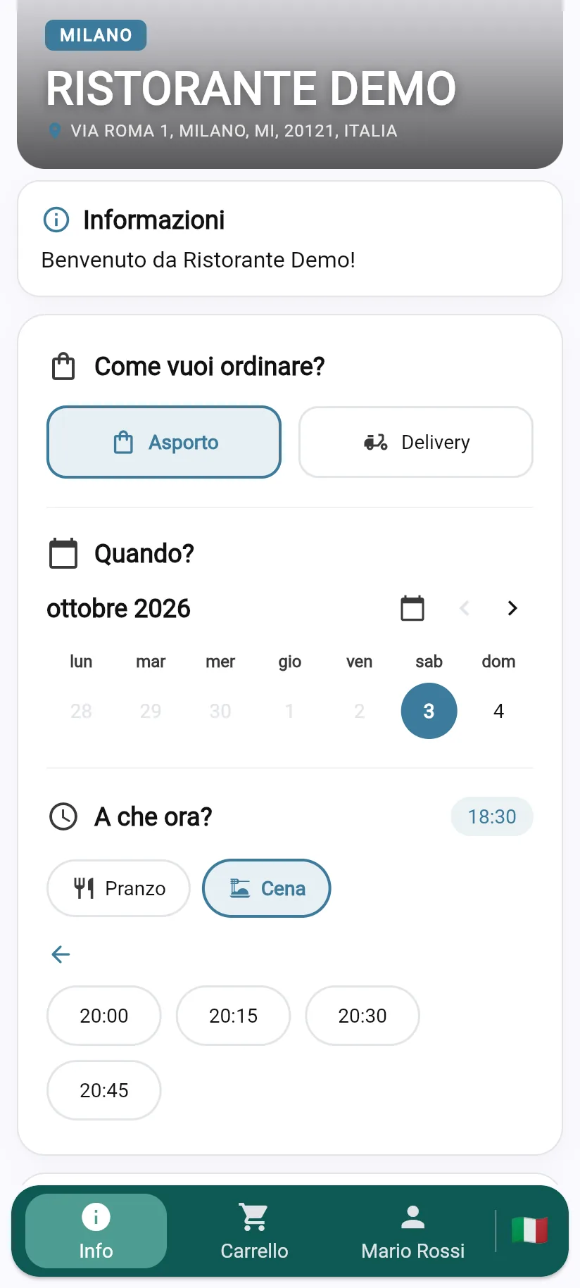 Scelta asporto o delivery