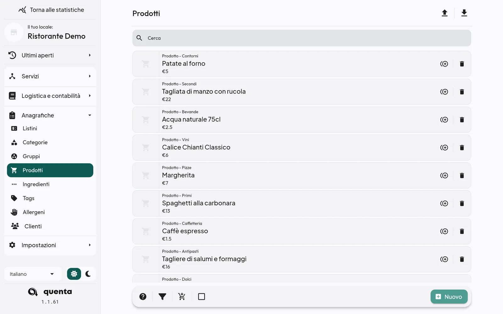 Elenco prodotti con le icone di import ed export