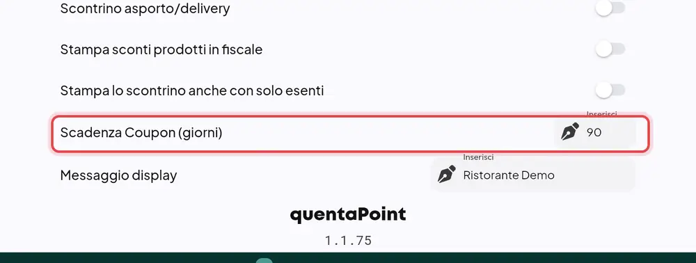 Dove si trova «Scadenza Coupon (giorni)»