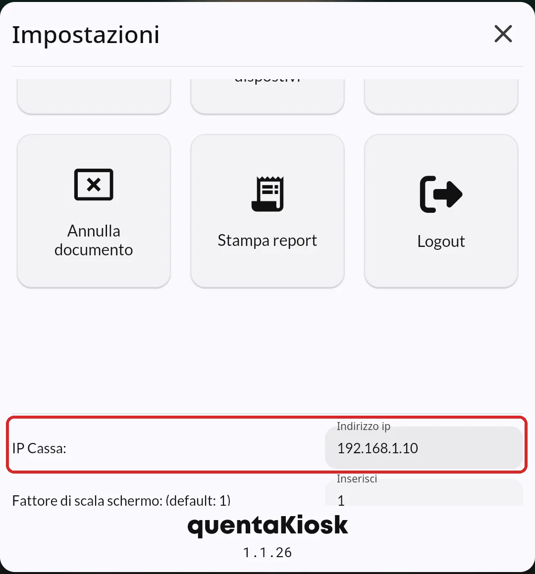 Totem: IP Cassa nelle impostazioni
