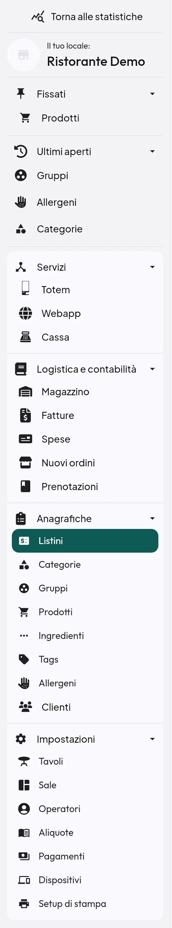 Menu laterale del Gestionale