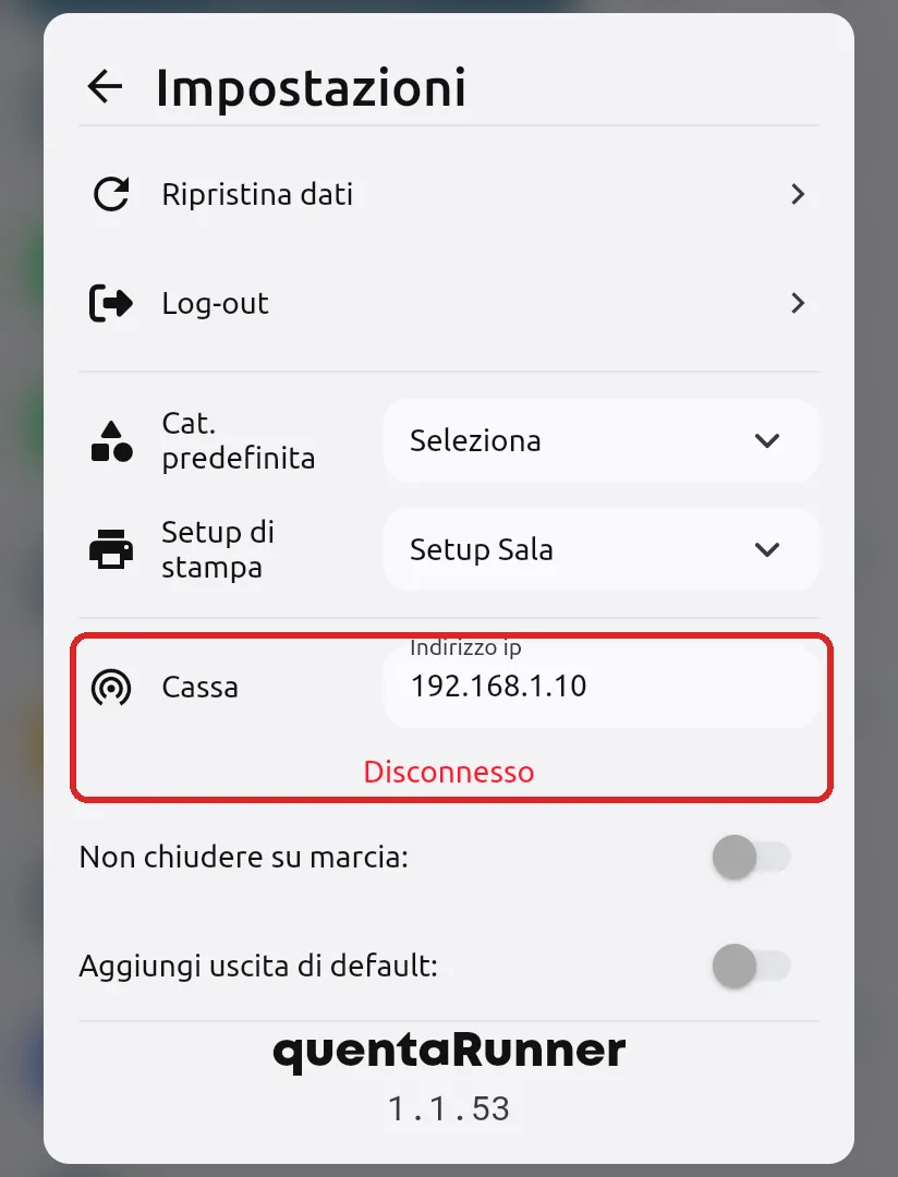 Palmare: sezione Cassa nelle impostazioni