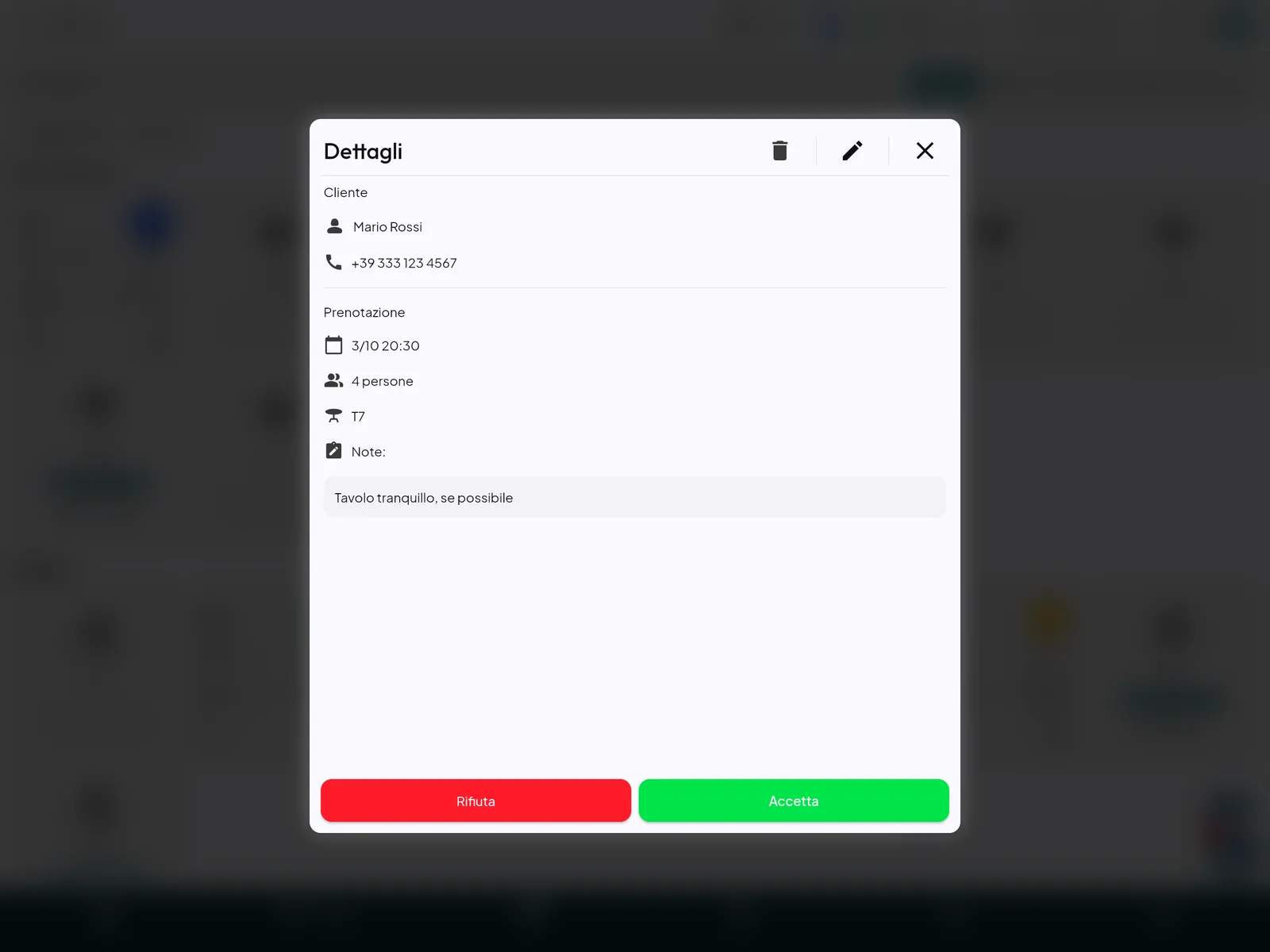 Dettaglio prenotazione da accettare