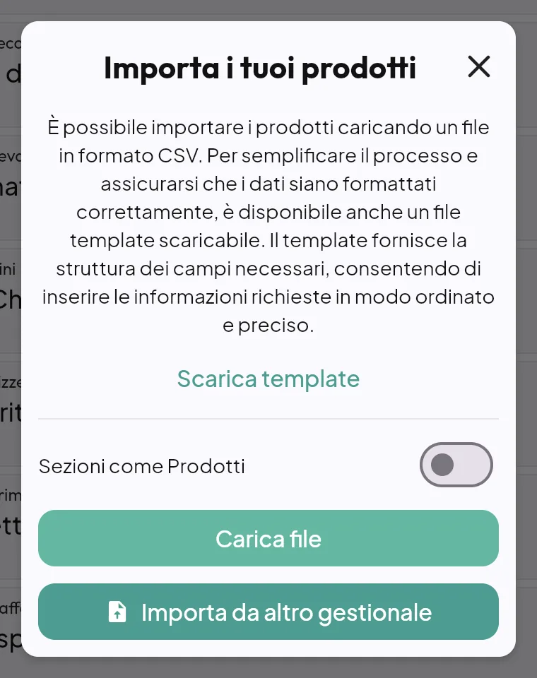Finestra Importa i tuoi prodotti