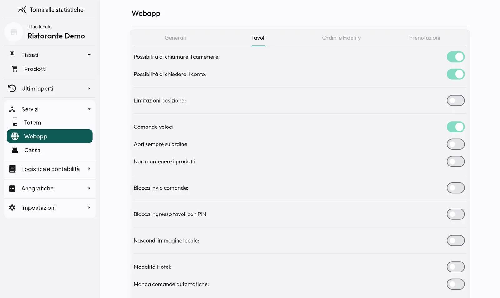 La scheda Tavoli della webapp